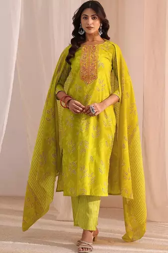 women ethnic motifs printed regular thread work kurta with trousers & with dupatta