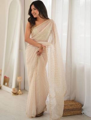 Off white embellished embroidered poly georgette designer saree 4