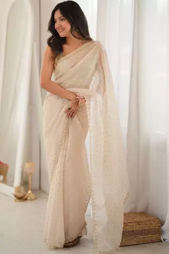 Off white embellished embroidered poly georgette designer saree