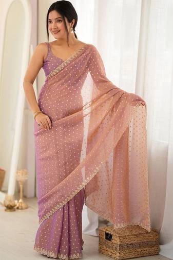 Lavender embellished poly georgette designer saree