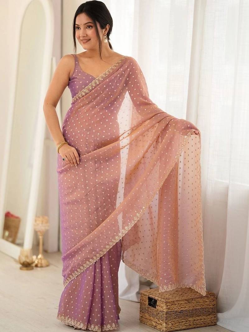 Lavender embellished poly georgette designer saree
