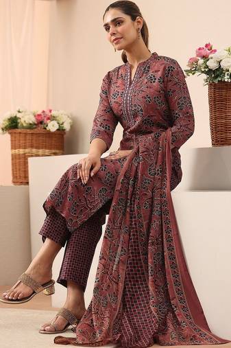women floral printed regular kurta with trousers & with dupatta