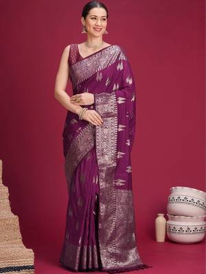 Purple ethnic motifs zari silk blend handloom banarasi saree 1