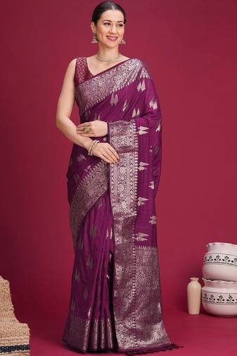 Purple ethnic motifs zari silk blend handloom banarasi saree