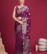 Purple ethnic motifs zari silk blend handloom banarasi saree