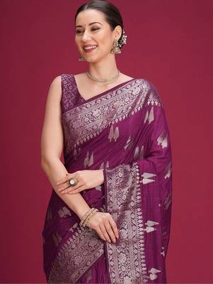 Purple ethnic motifs zari silk blend handloom banarasi saree 2