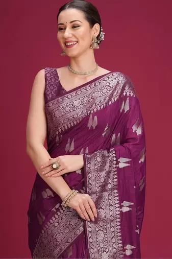 Purple ethnic motifs zari silk blend handloom banarasi saree