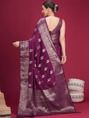 Purple ethnic motifs zari silk blend handloom banarasi saree 3