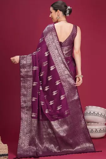 Purple ethnic motifs zari silk blend handloom banarasi saree