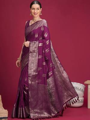 Purple ethnic motifs zari silk blend handloom banarasi saree 4