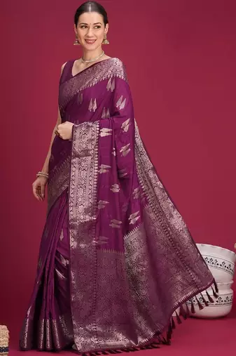 Purple ethnic motifs zari silk blend handloom banarasi saree