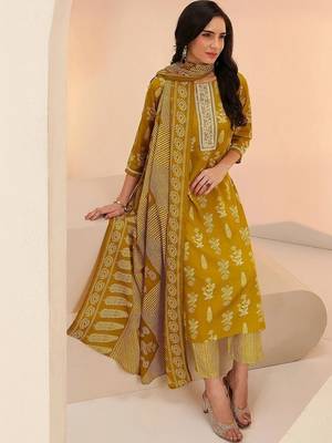 mustard floral printed cotton blend straight suit set 1