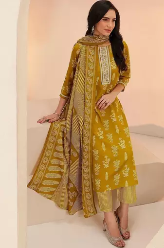 mustard floral printed cotton blend straight suit set