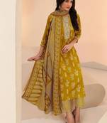 mustard floral printed cotton blend straight suit set
