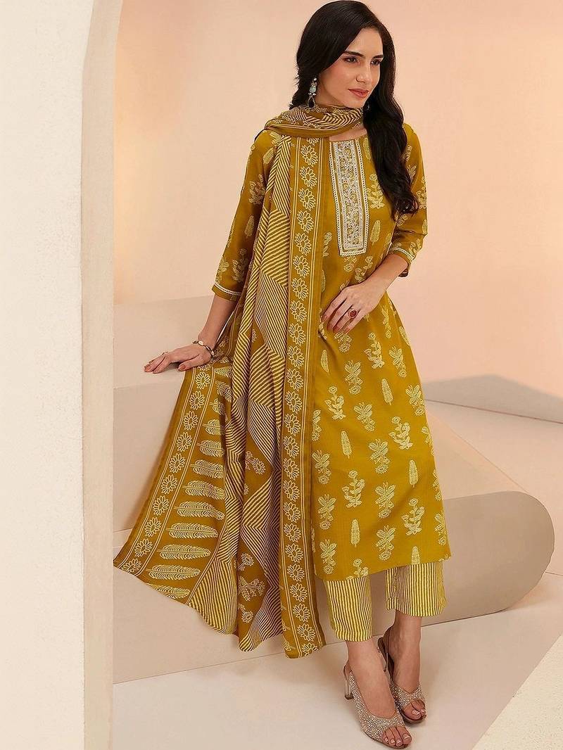 mustard floral printed cotton blend straight suit set
