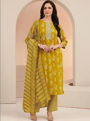 mustard floral printed cotton blend straight suit set 2
