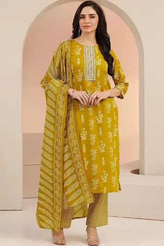mustard floral printed cotton blend straight suit set