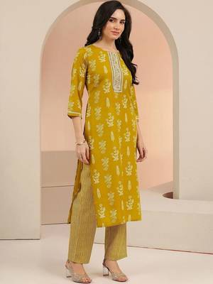 mustard floral printed cotton blend straight suit set 3