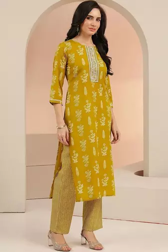 mustard floral printed cotton blend straight suit set