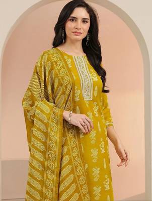 mustard floral printed cotton blend straight suit set 4