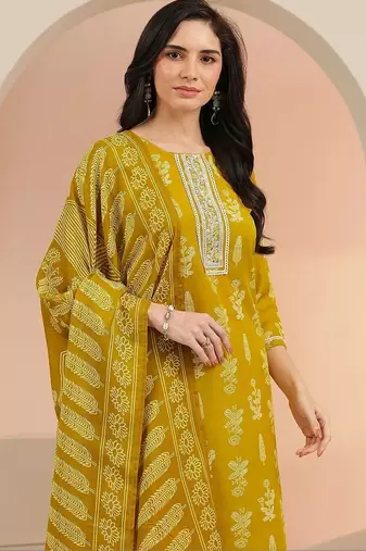 mustard floral printed cotton blend straight suit set