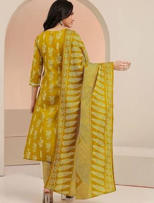 mustard floral printed cotton blend straight suit set 6