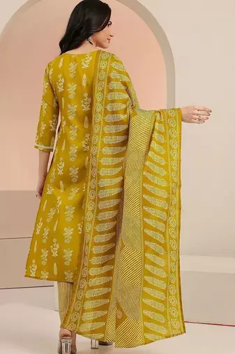 mustard floral printed cotton blend straight suit set