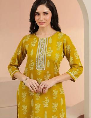 mustard floral printed cotton blend straight suit set 7
