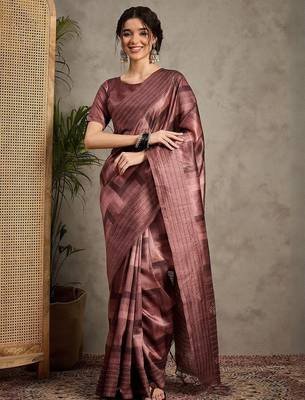 Brown geometric printed kantha work silk cotton tussar saree 1