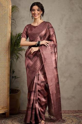 Brown geometric printed kantha work silk cotton tussar saree
