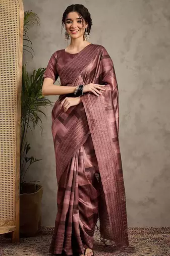Brown geometric printed kantha work silk cotton tussar saree