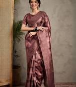 Brown geometric printed kantha work silk cotton tussar saree