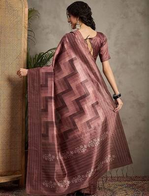 Brown geometric printed kantha work silk cotton tussar saree 2