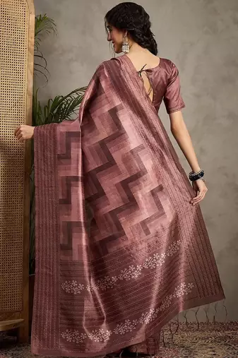 Brown geometric printed kantha work silk cotton tussar saree