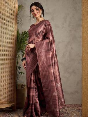 Brown geometric printed kantha work silk cotton tussar saree 3