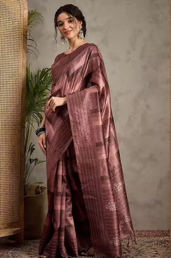 Brown geometric printed kantha work silk cotton tussar saree