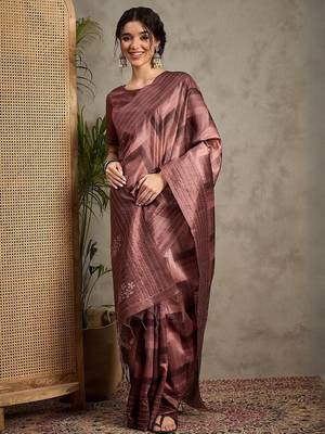 Brown geometric printed kantha work silk cotton tussar saree 4