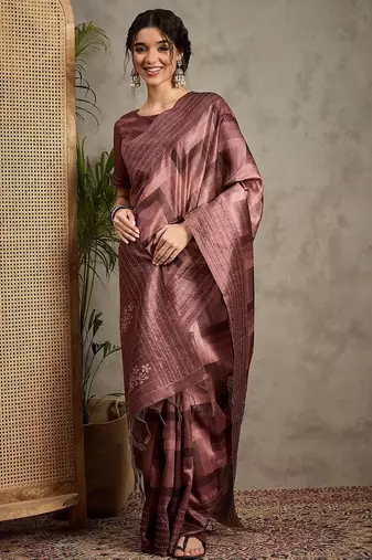 Brown geometric printed kantha work silk cotton tussar saree