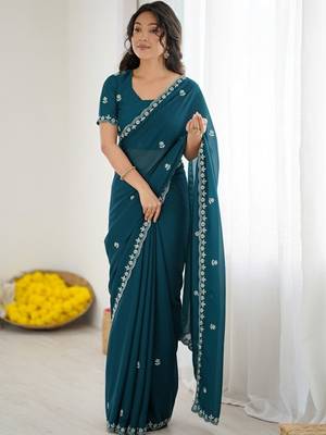 Teal floral embroidered  georgette designer saree 1