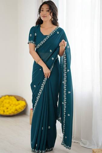 Teal floral embroidered  georgette designer saree