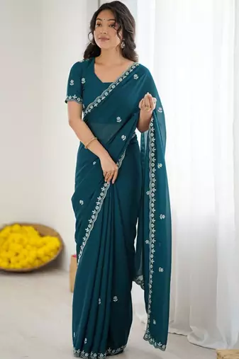 Teal floral embroidered  georgette designer saree