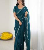 Teal floral embroidered  georgette designer saree