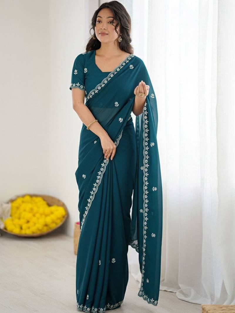Teal floral embroidered  georgette designer saree