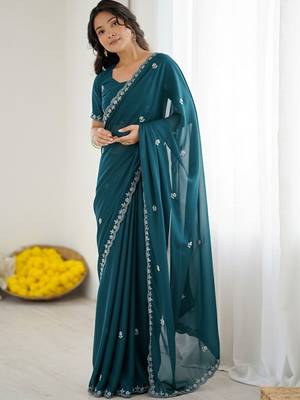 Teal floral embroidered  georgette designer saree 2