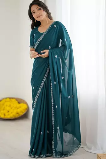 Teal floral embroidered  georgette designer saree