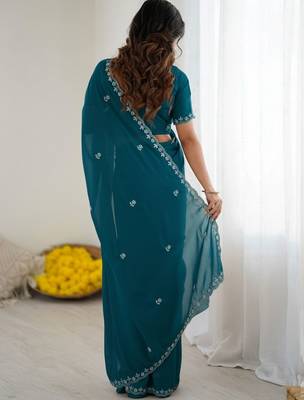 Teal floral embroidered  georgette designer saree 3