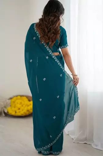 Teal floral embroidered  georgette designer saree