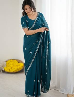 Teal floral embroidered  georgette designer saree 4
