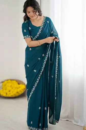 Teal floral embroidered  georgette designer saree