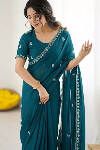 Teal floral embroidered  georgette designer saree